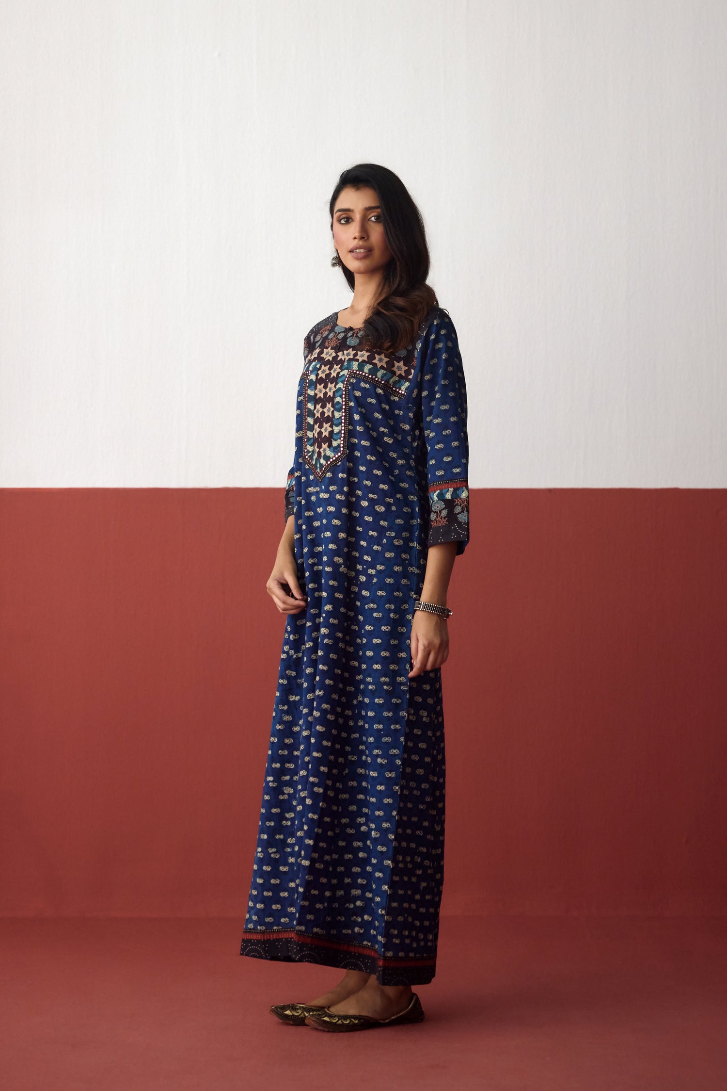 Rozana Cotton Hand Block Printed Caftan Blue (10083283665195)