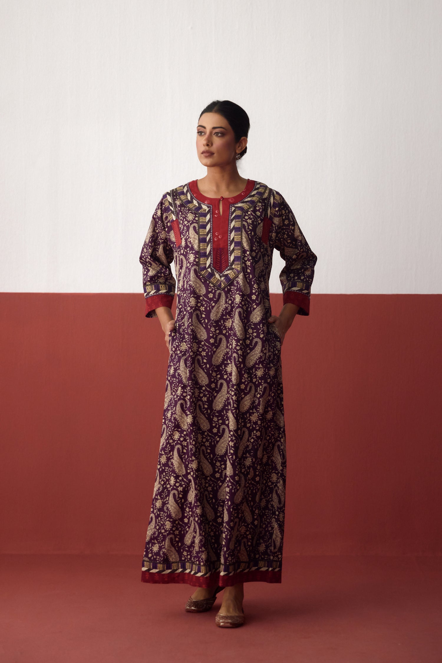 Adara Cotton Printed Caftan Purple Off White (10083278815531)
