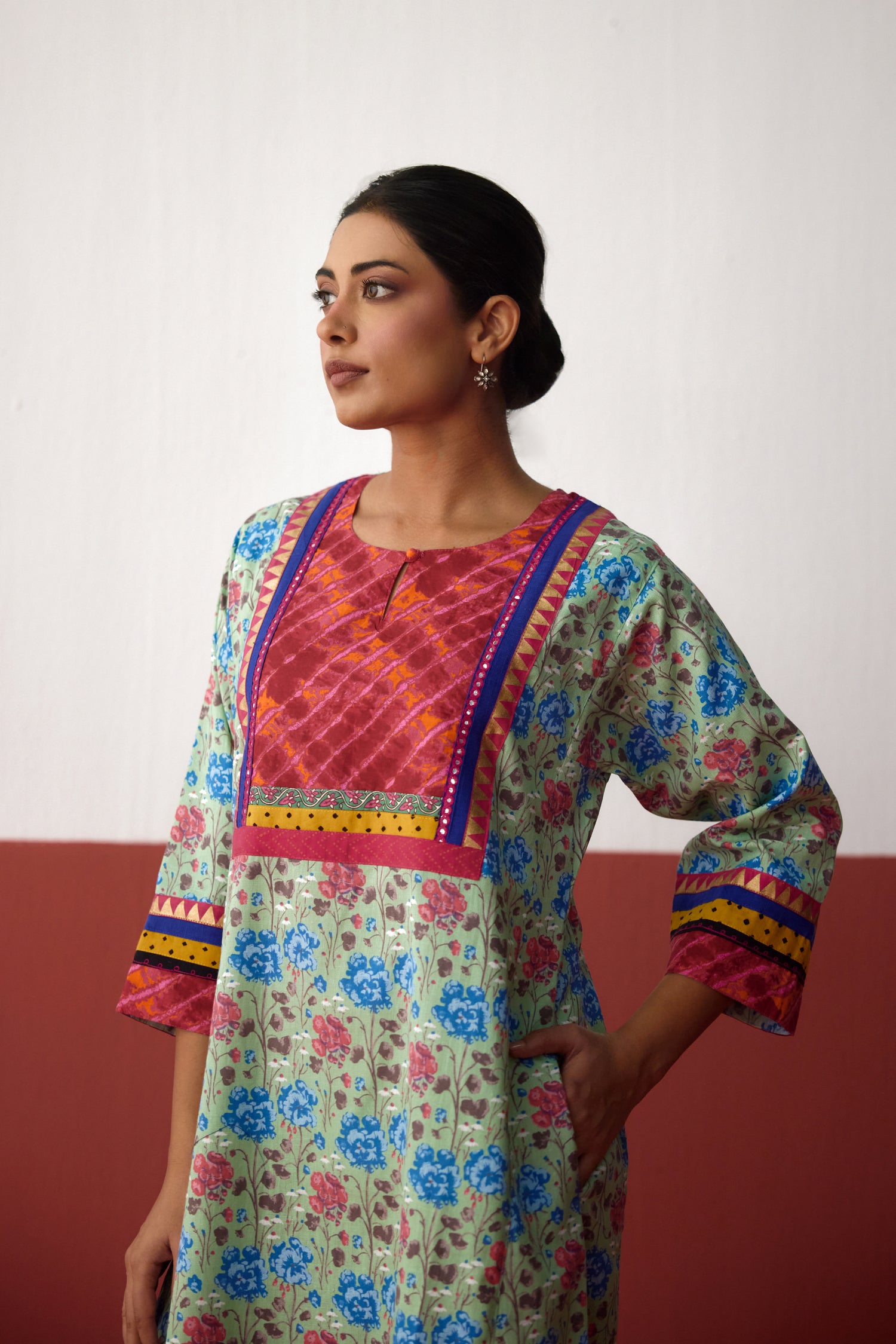 Rozana Cotton Slub Printed Caftan Light Green Blue (10083272261931)