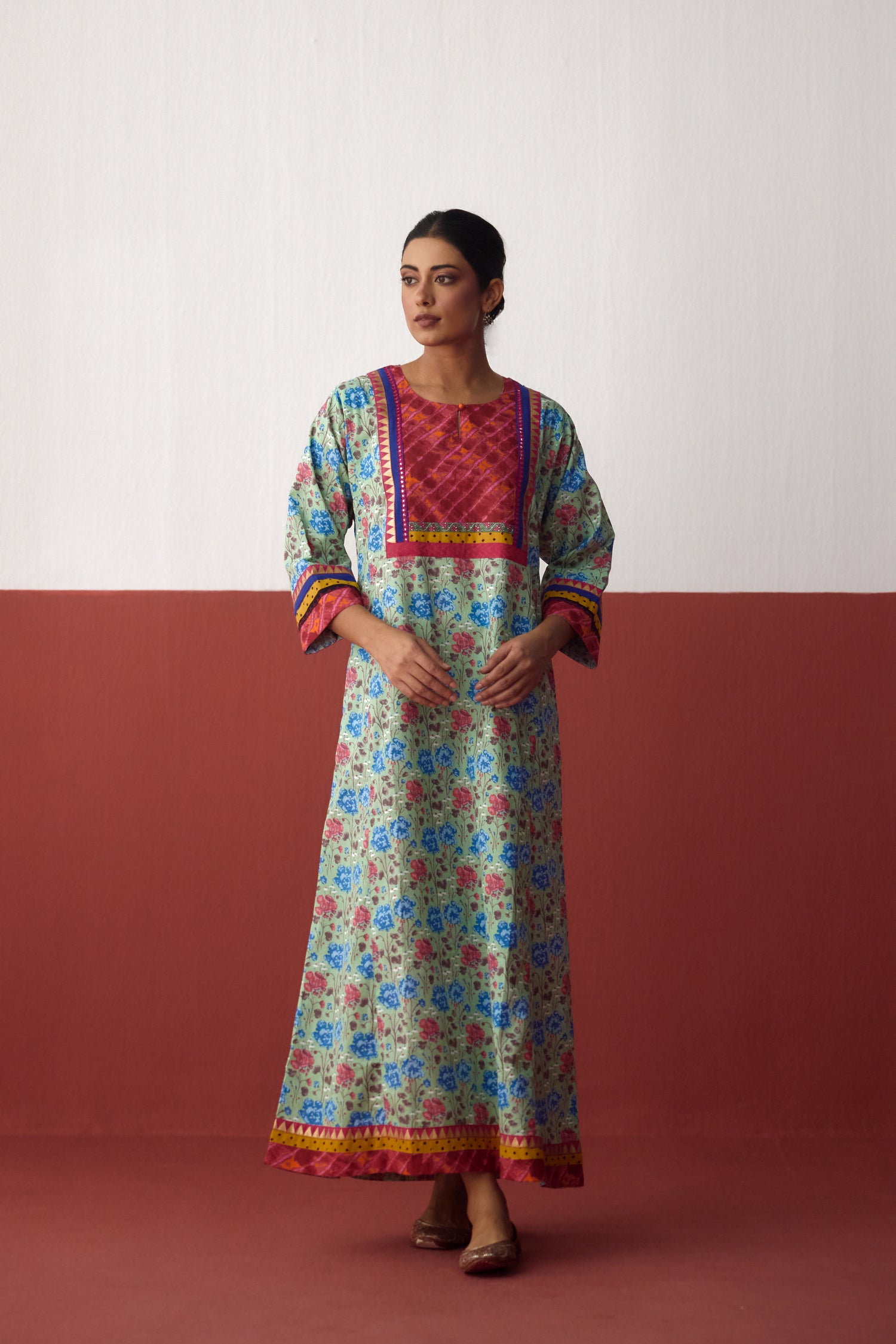 Rozana Cotton Slub Printed Caftan Light Green Blue (10083272261931)