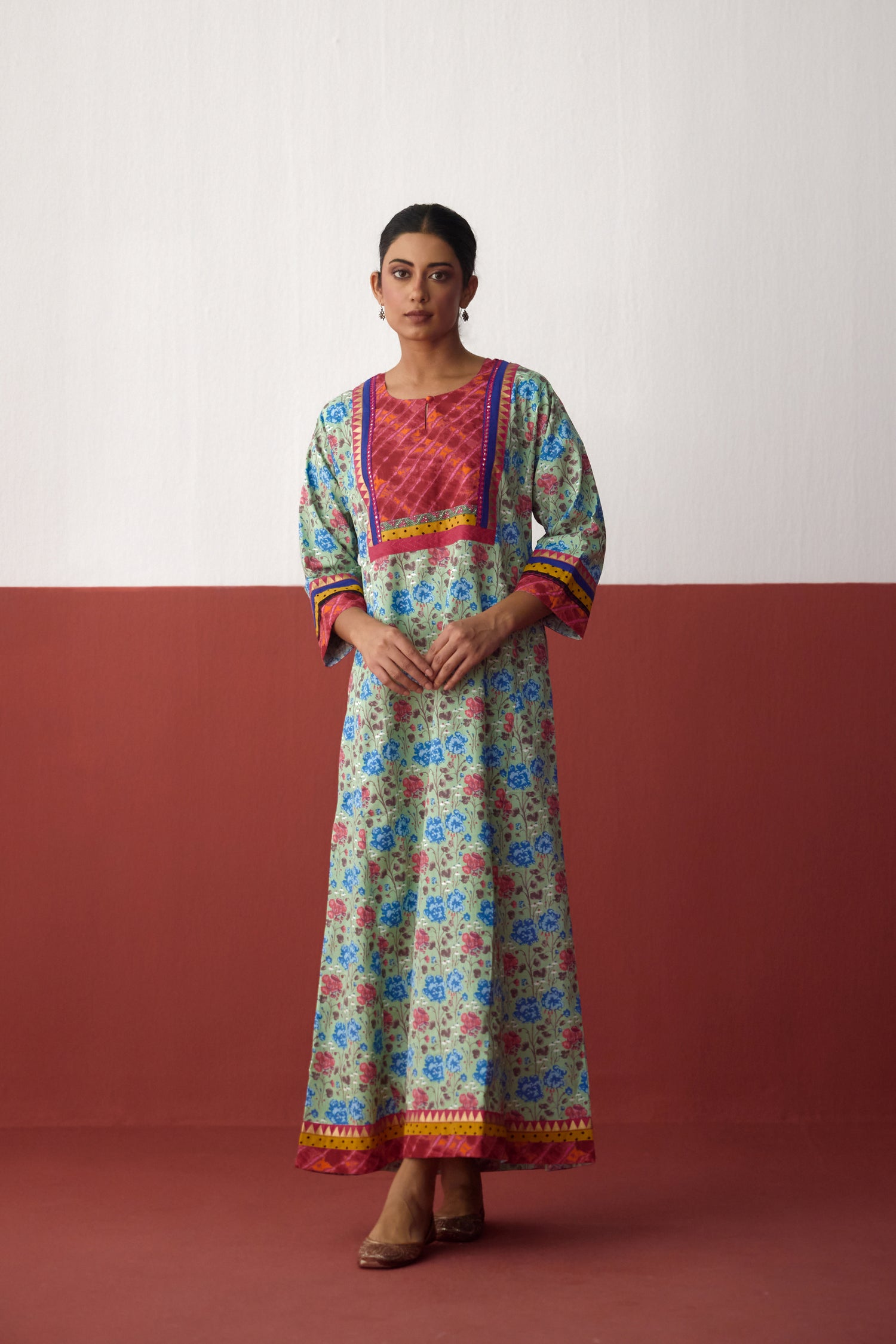Rozana Cotton Slub Printed Caftan Light Green Blue (10083272261931)