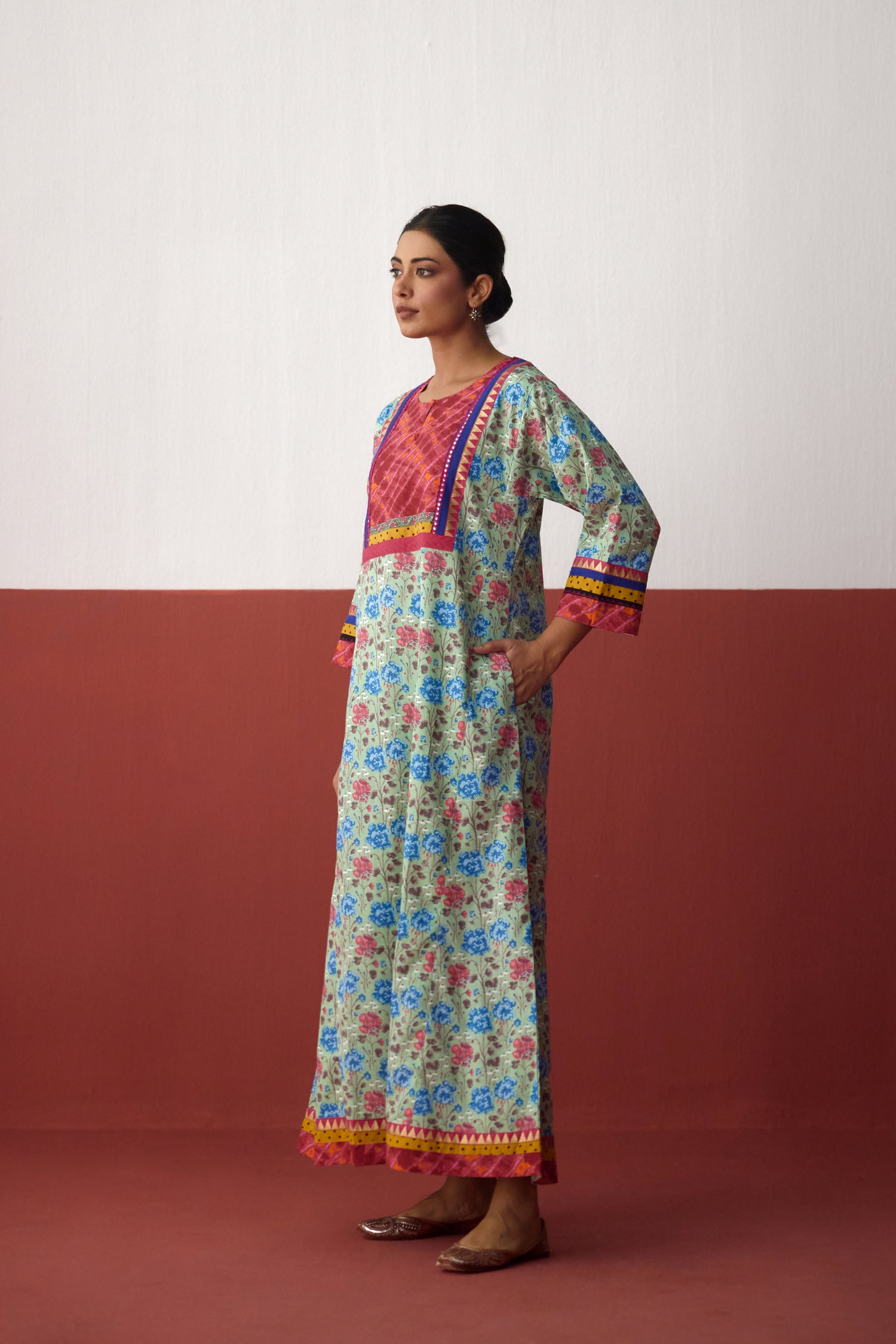Rozana Cotton Slub Printed Caftan Light Green Blue (10083272261931)