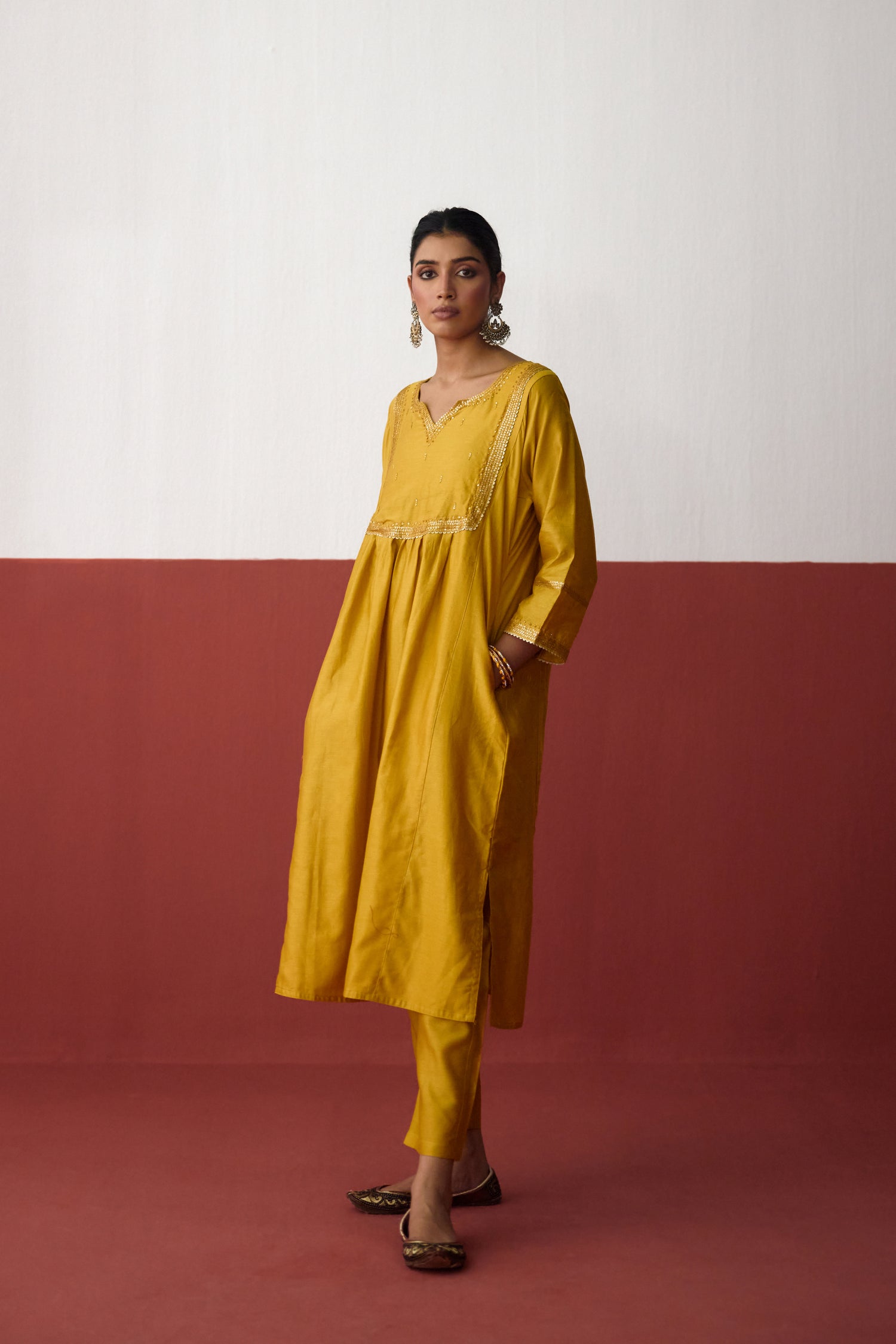 Meera Chanderi Embroidered Kurta Ochre Yellow (10083634446635)
