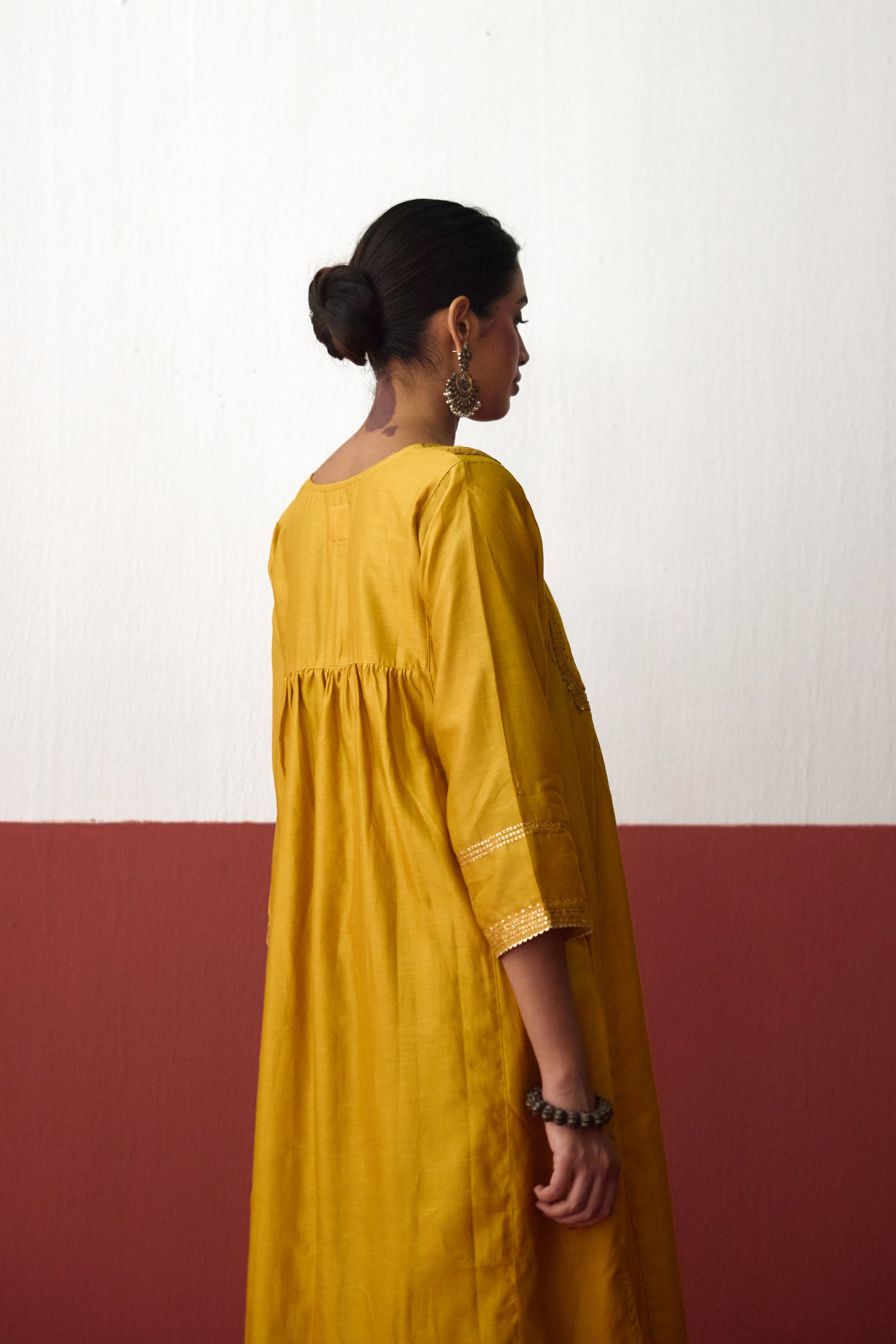 Meera Chanderi Embroidered Kurta Ochre Yellow (10083634446635)