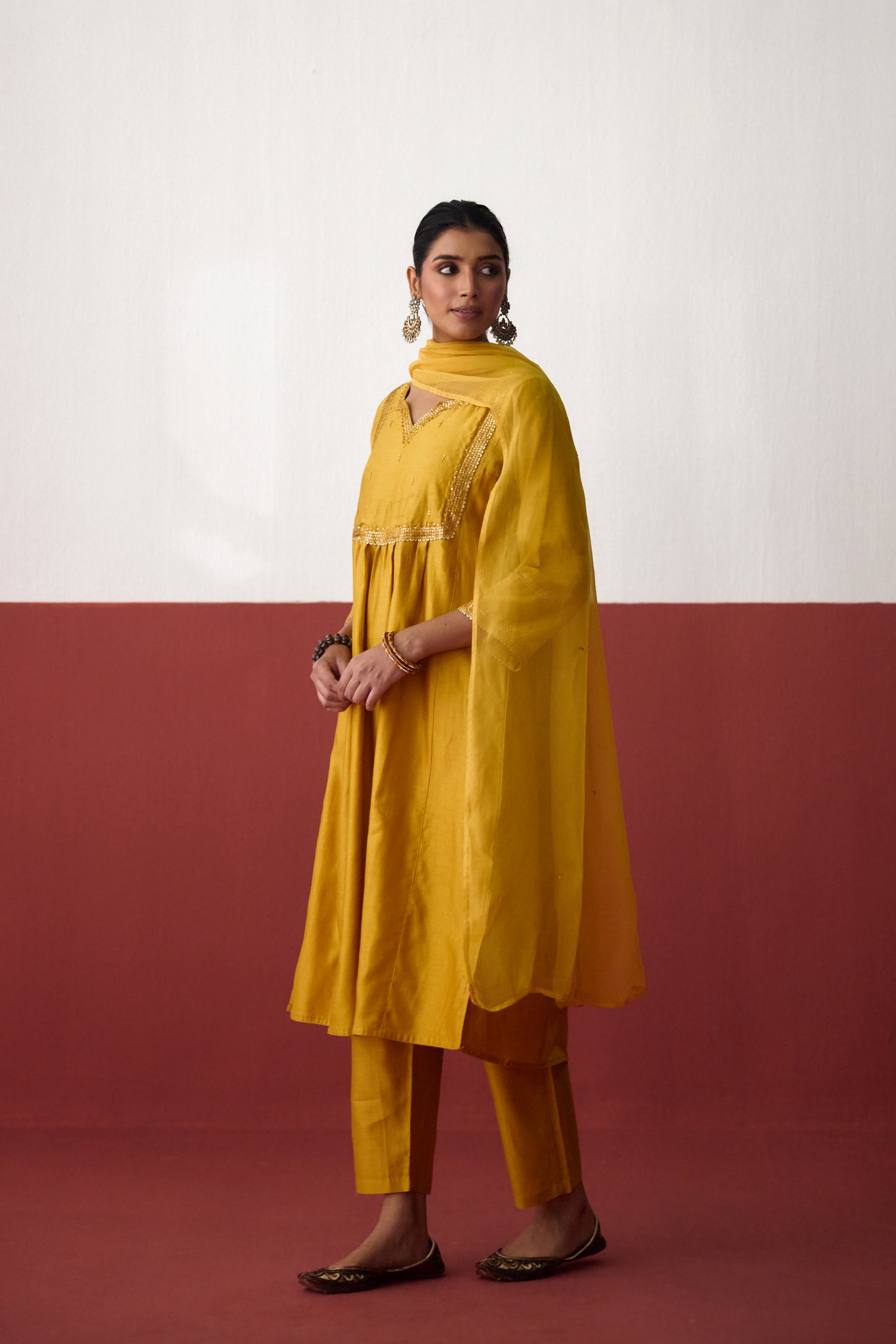 Meera Chanderi Embroidered Kurta Ochre Yellow (10083634446635)