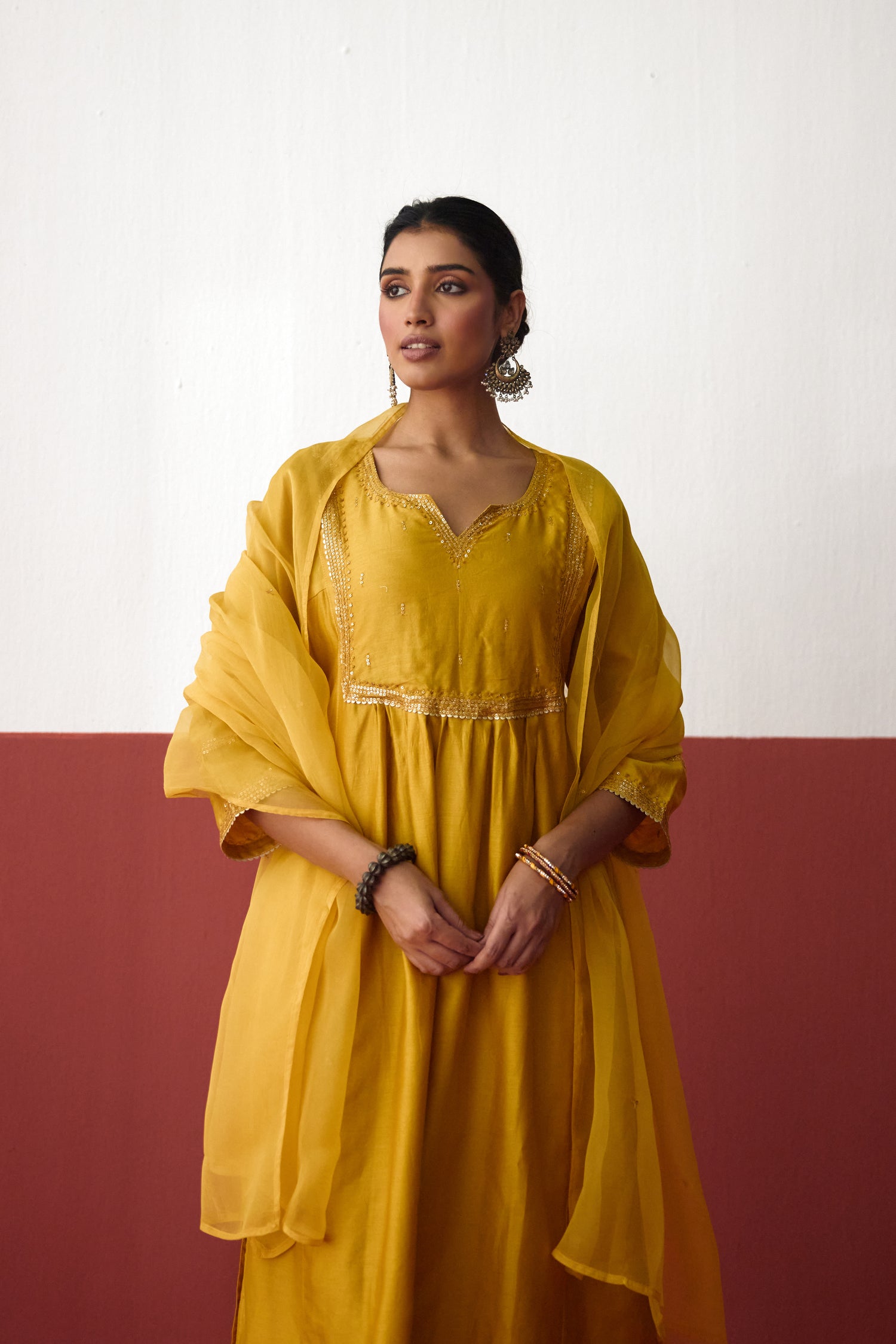 Meera Chanderi Embroidered Kurta Ochre Yellow (10083634446635)
