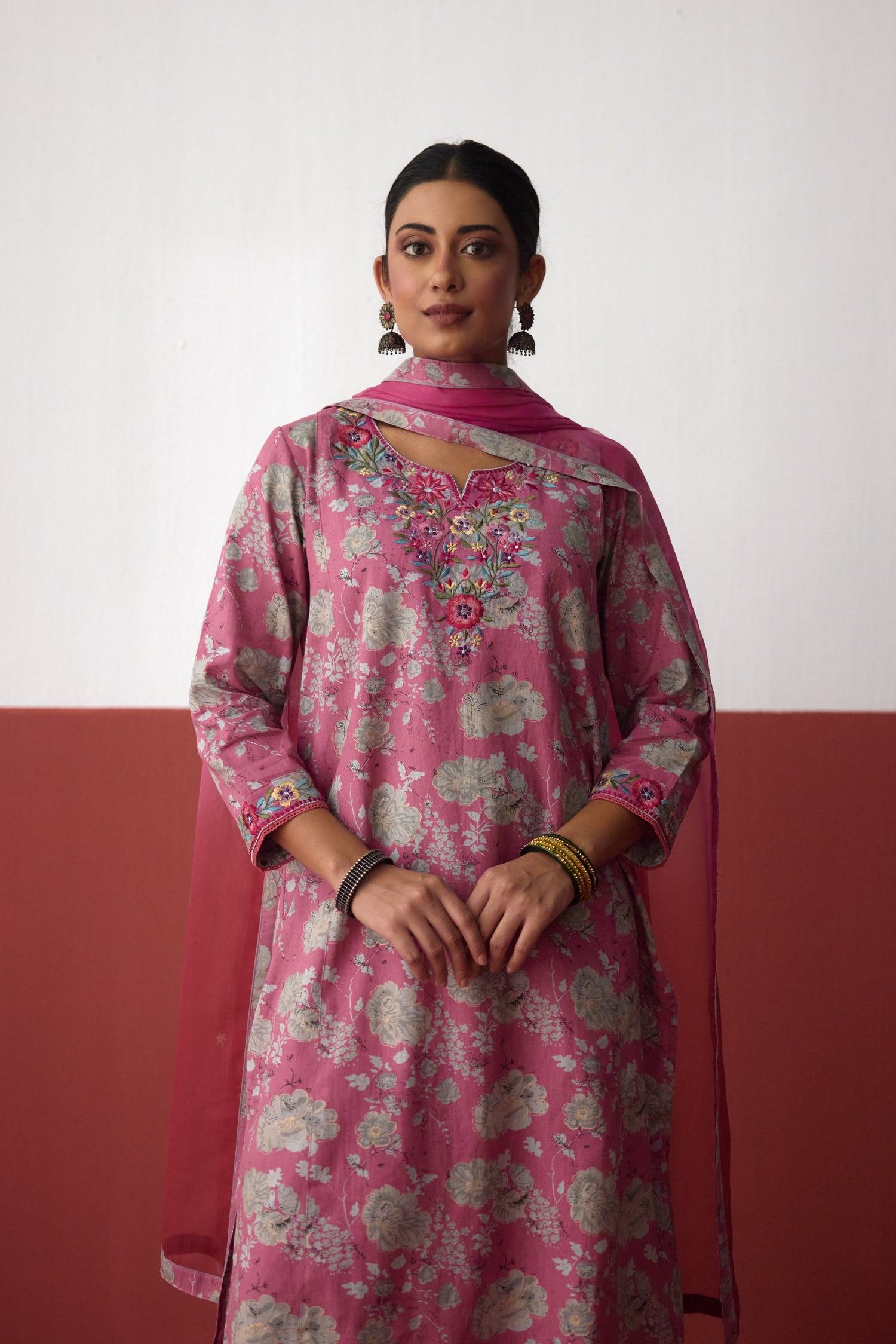 Elena Cotton Slub Embroidered Kurta Pink Grey (10083437740331)