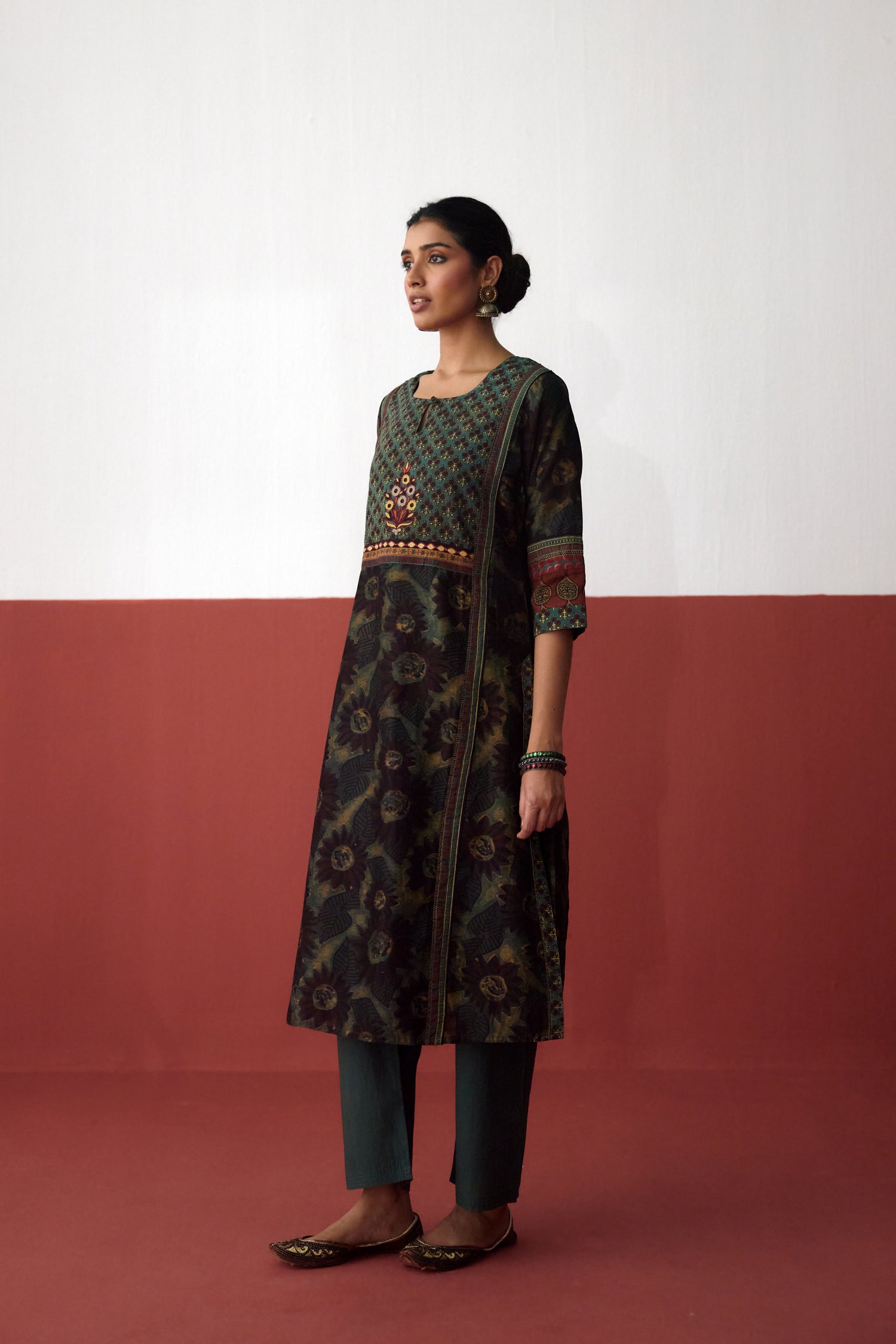 Rozana Chanderi Vanaspati Printed Kurta Green Rust (10083660693803)