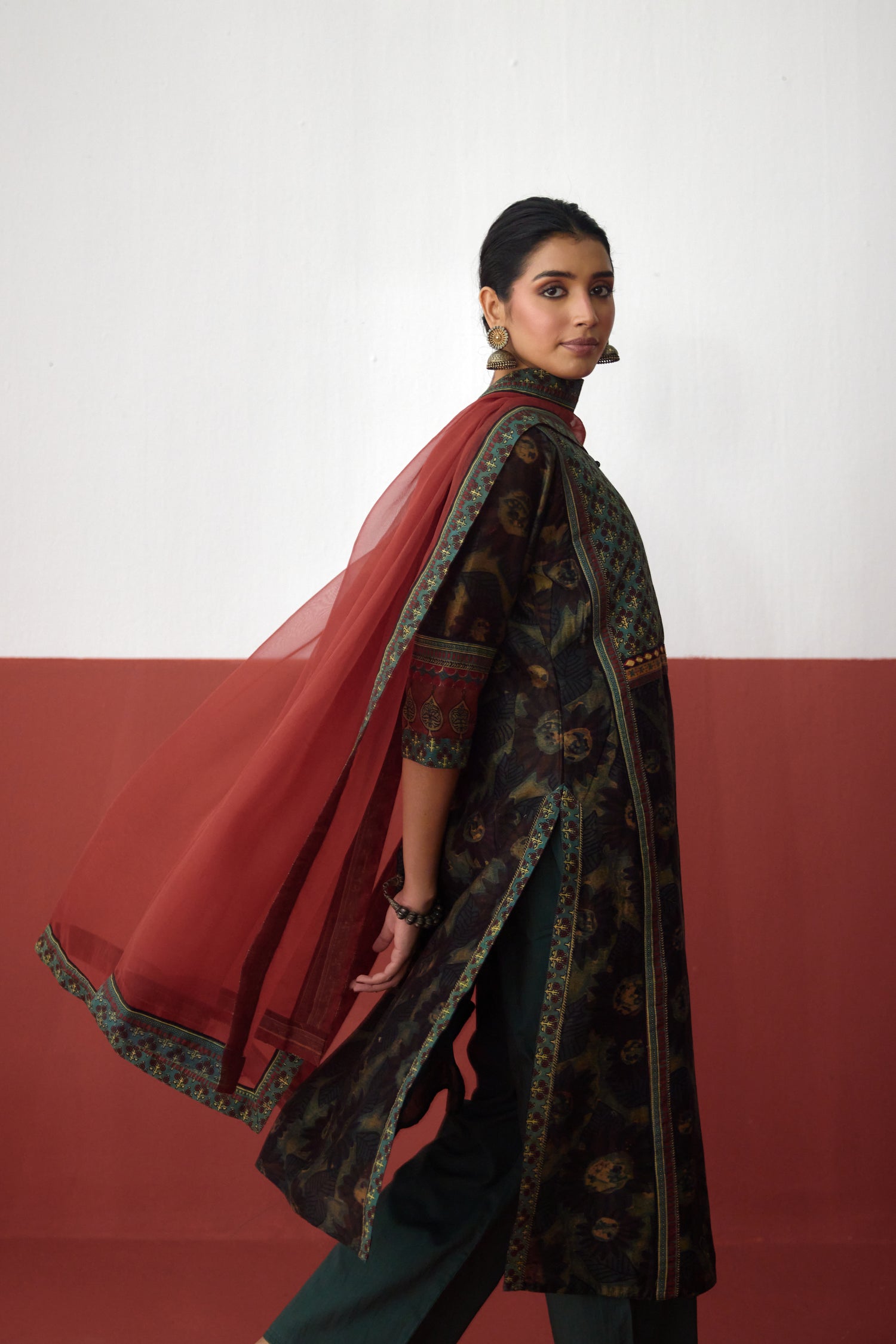 Rozana Chanderi Vanaspati Printed Kurta Green Rust (10083660693803)