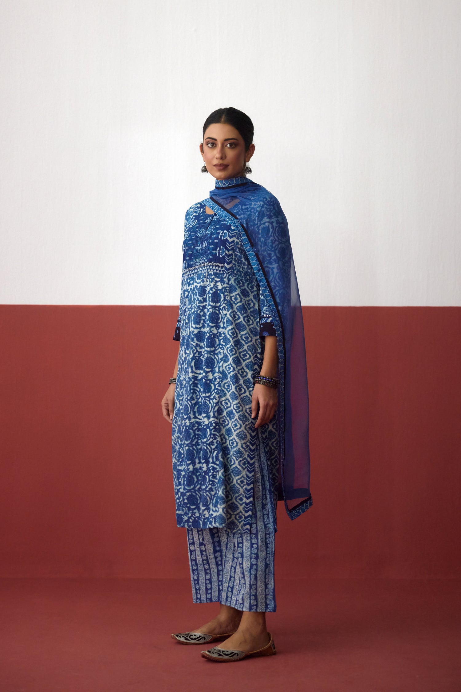 Elina Cotton Ajrakh Hand Block Printed Kurta Blue Off White (10082835759403)