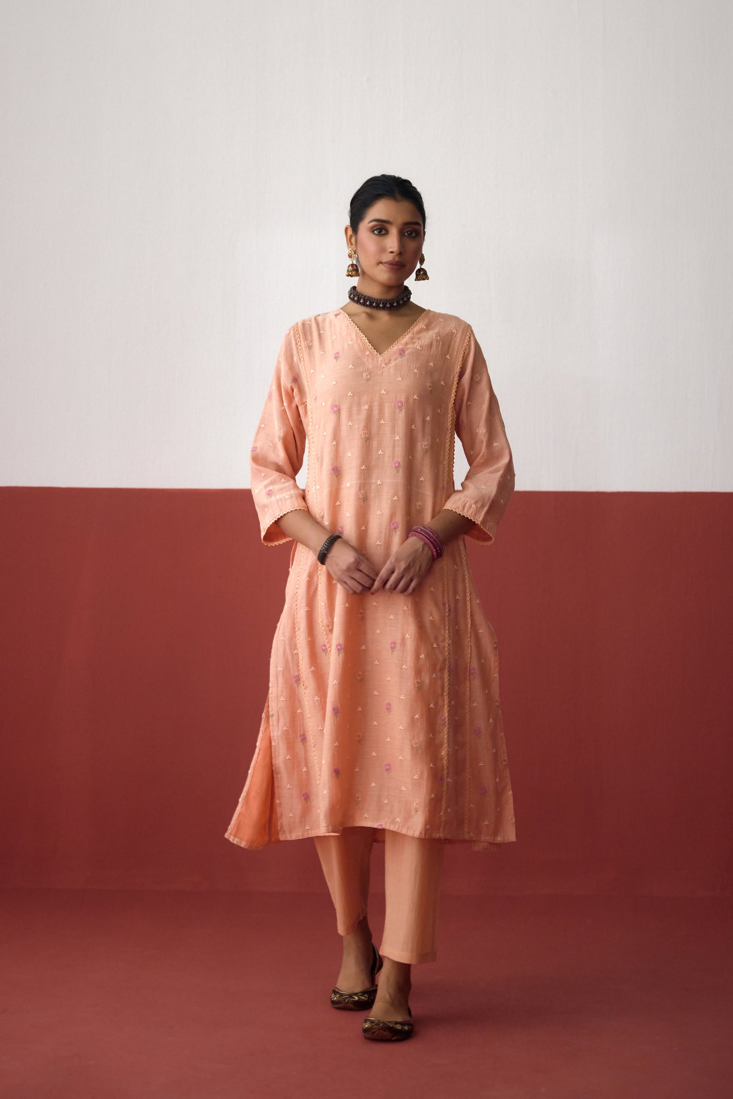 Tulsi Mul Cotton Embroidered Kurta Light Peach (10083433972011)