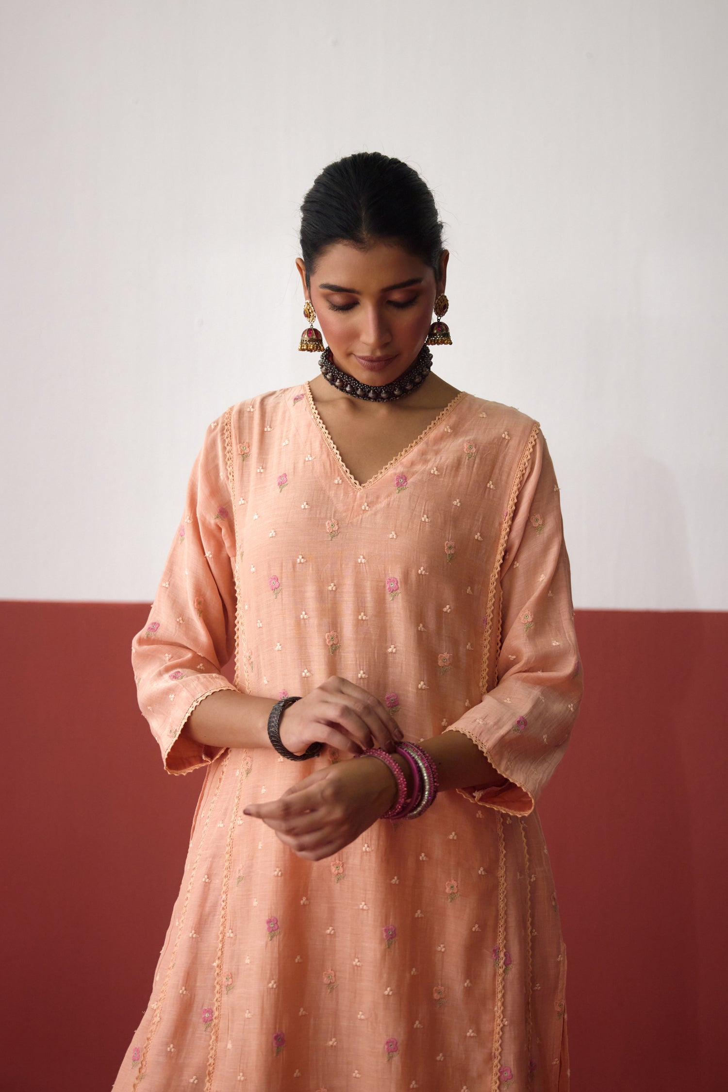 Tulsi Mul Cotton Embroidered Kurta Light Peach (10083433972011)