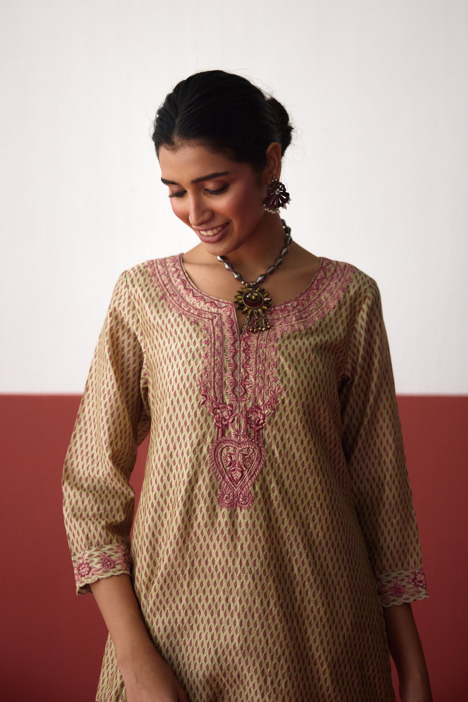 Idaya Chanderi Printed Embroidered Kurta Pista Green (10083429712171)