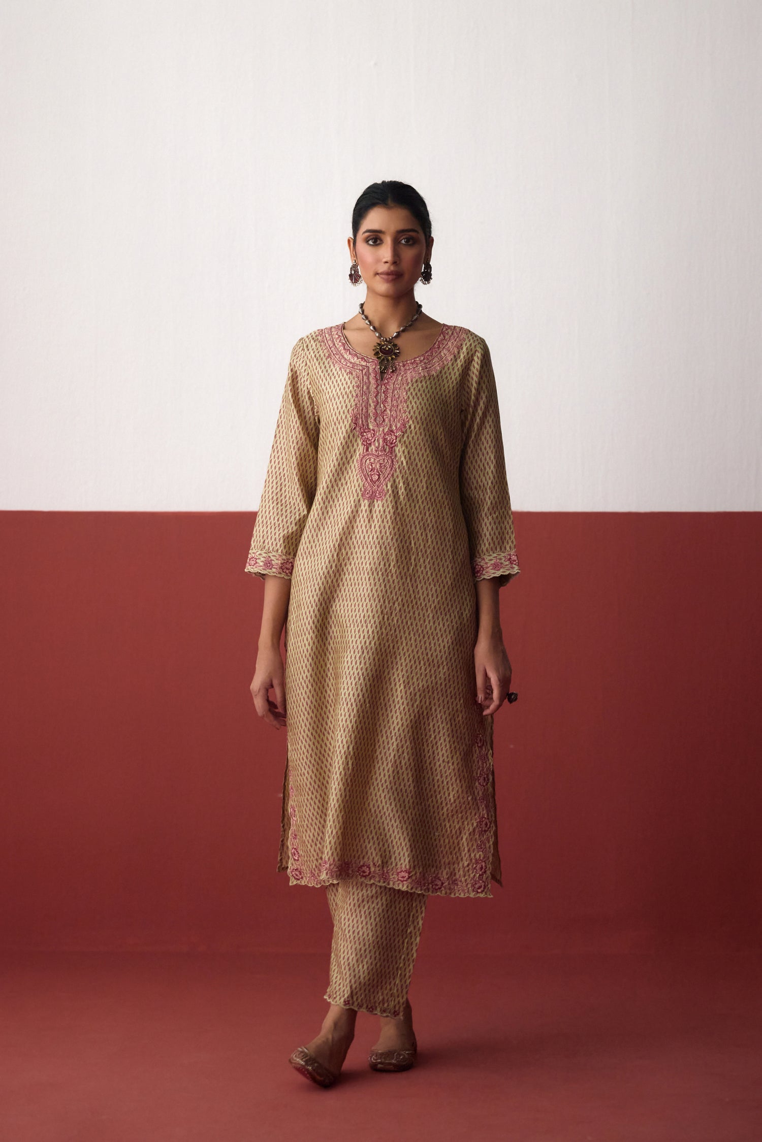 Idaya Chanderi Printed Embroidered Kurta Pista Green (10083429712171)