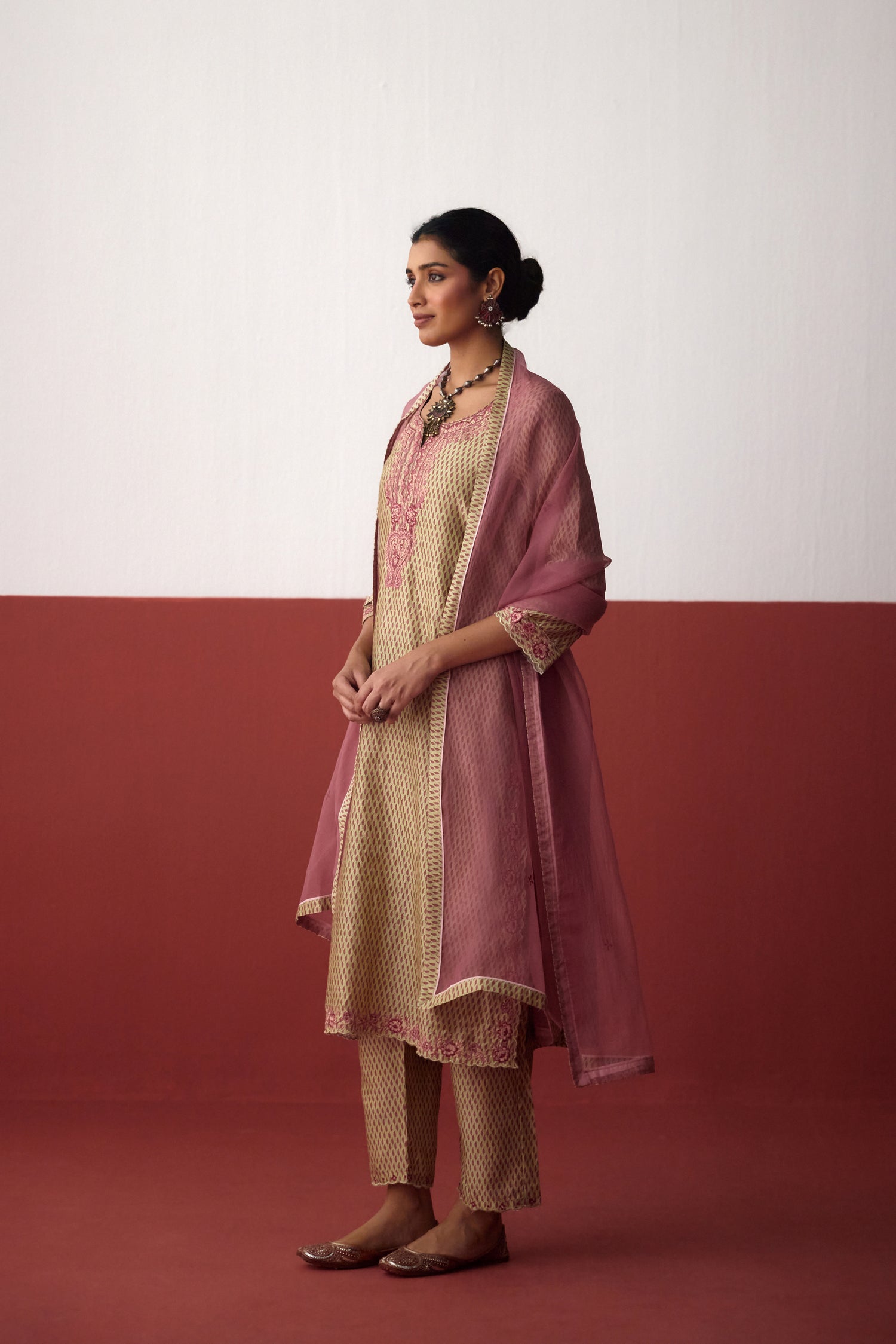 Idaya Chanderi Printed Embroidered Kurta Pista Green (10083429712171)