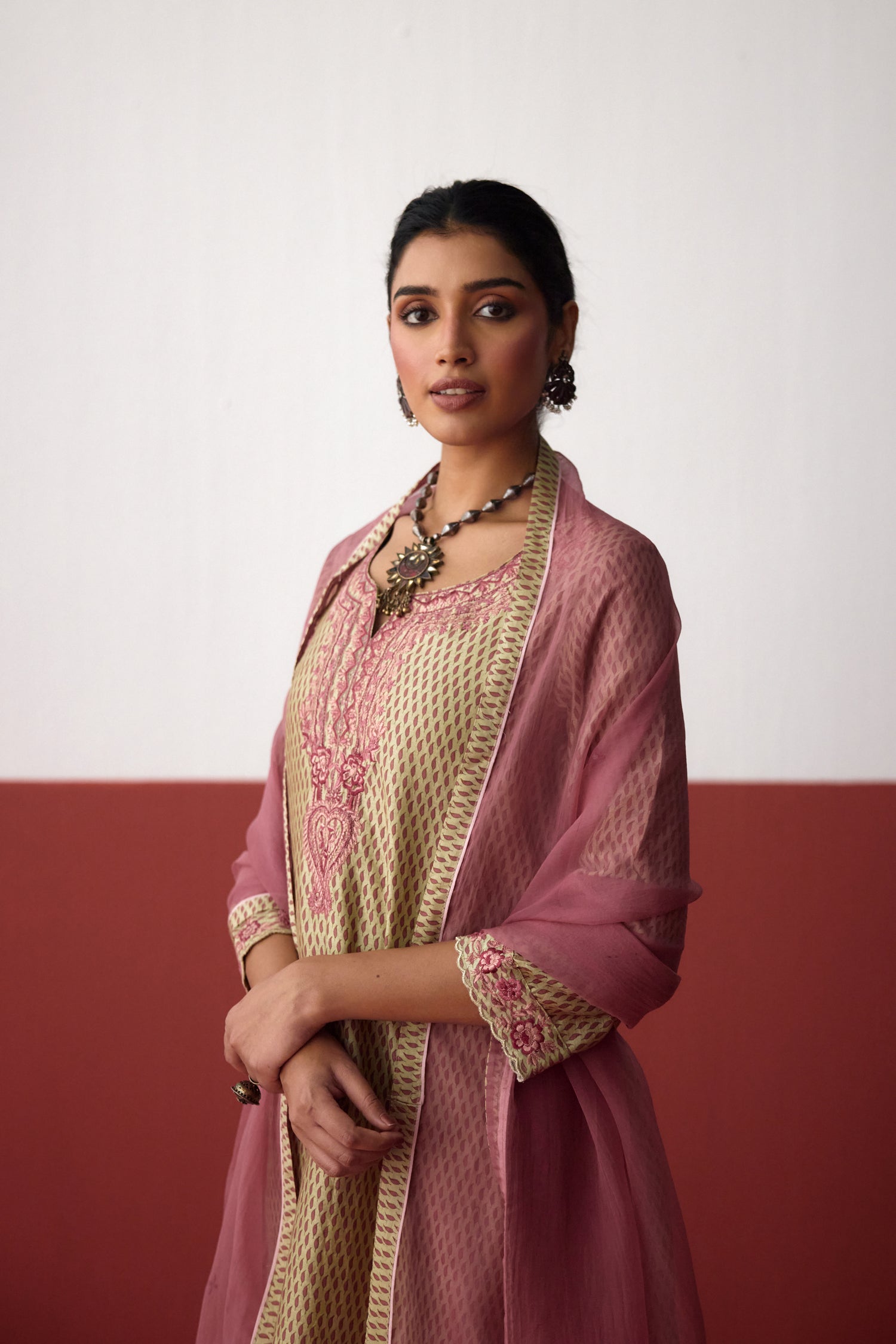 Idaya Chanderi Printed Embroidered Kurta Pista Green (10083429712171)