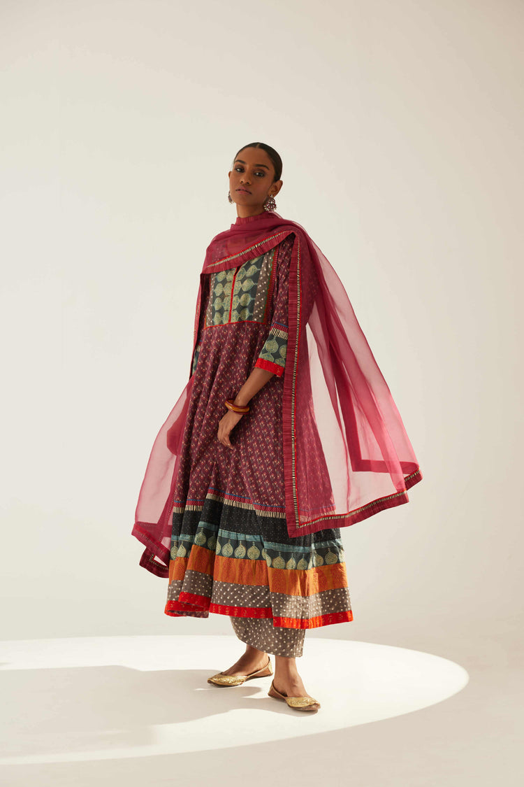 Yoke Anarkali Kurta Wine Grey Peach (8569434341675)