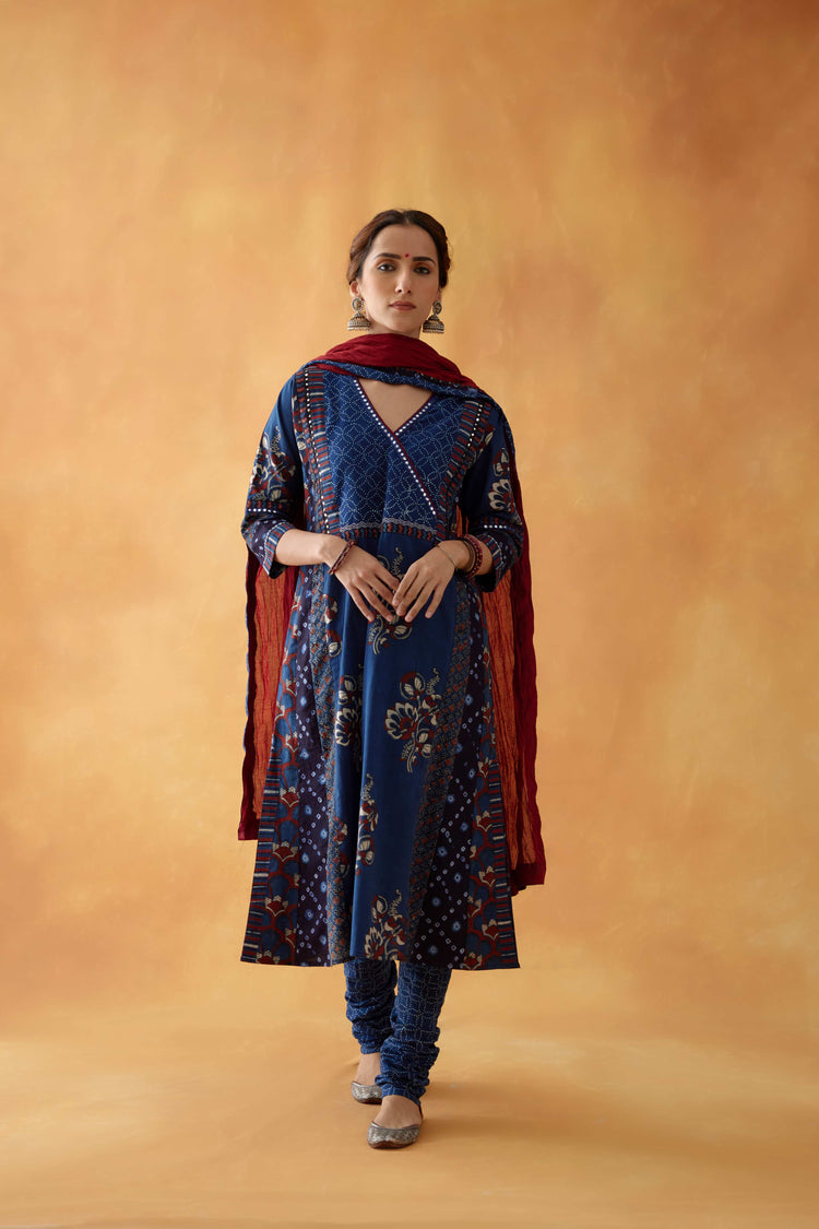 Choga Angrakha Kurta Indigo Maroon (8828280570155)