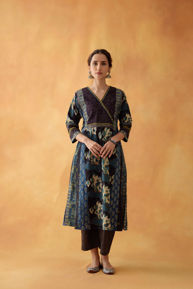 Choga Angrakha Kurta Black Teal (8828309700907)