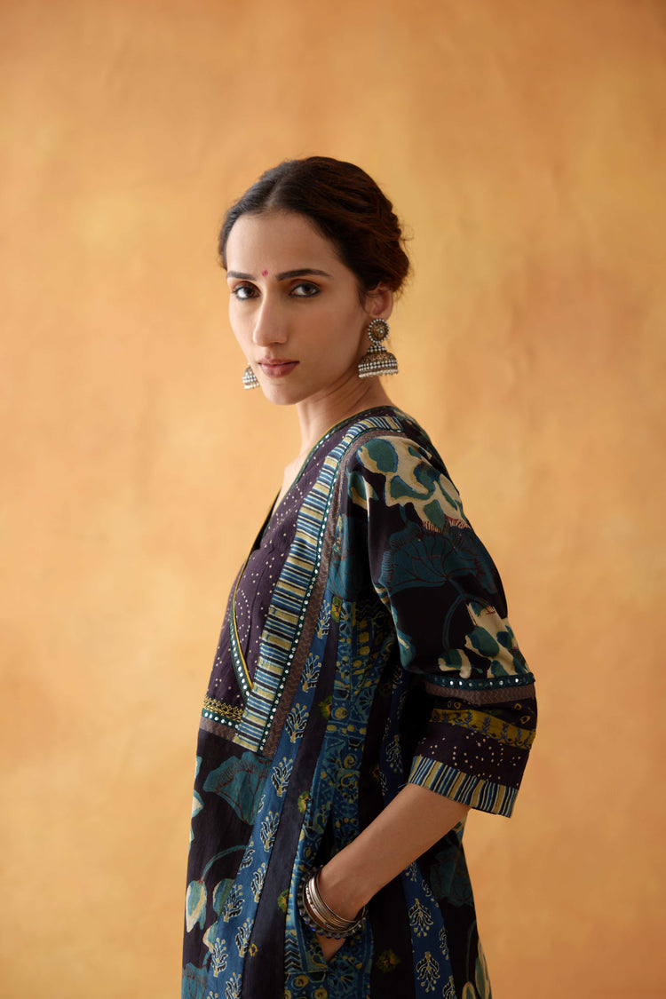 Choga Angrakha Kurta Black Teal (8828309700907)
