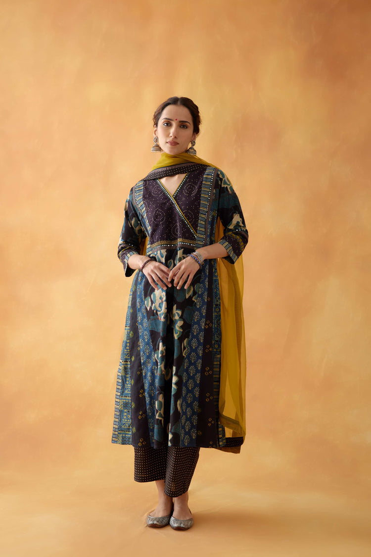 Choga Angrakha Kurta Black Teal (8828309700907)
