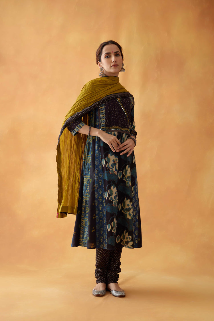 Choga Angrakha Kurta Black Teal (8828309700907)