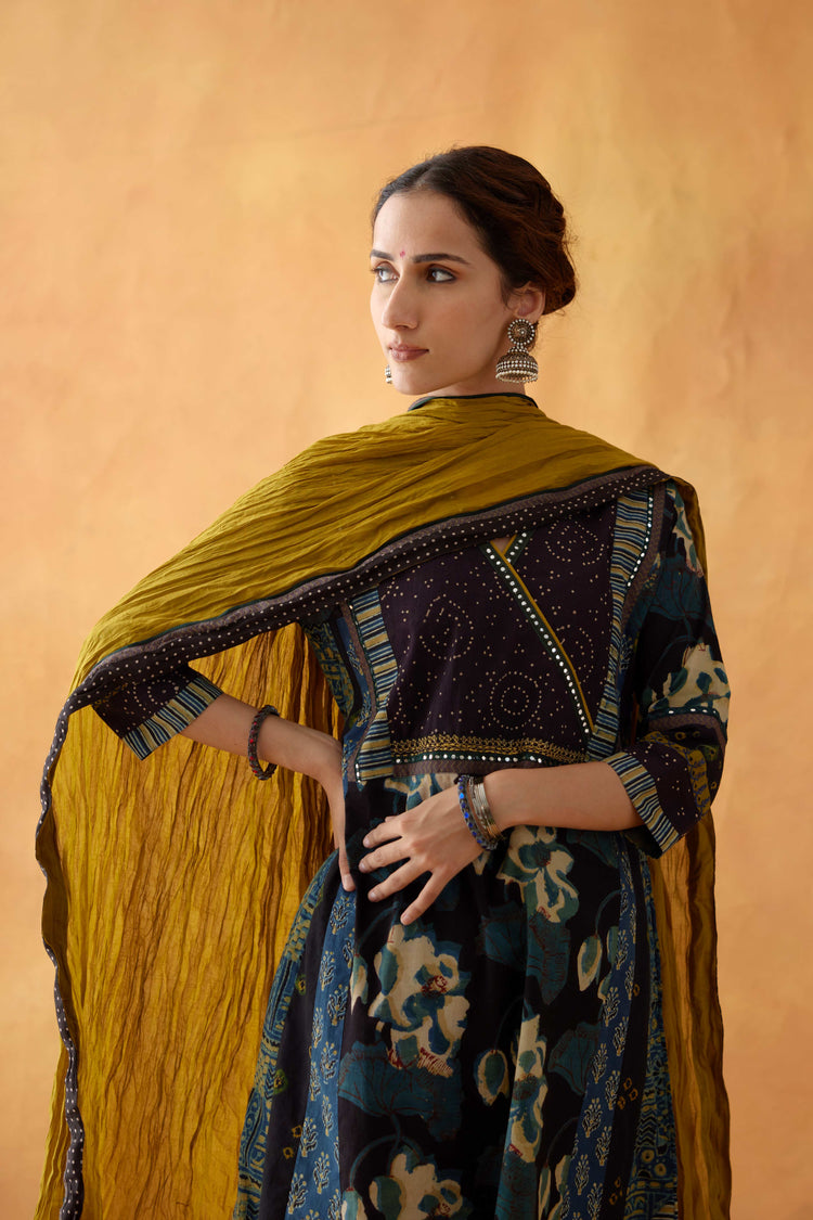 Choga Angrakha Kurta Black Teal (8828309700907)