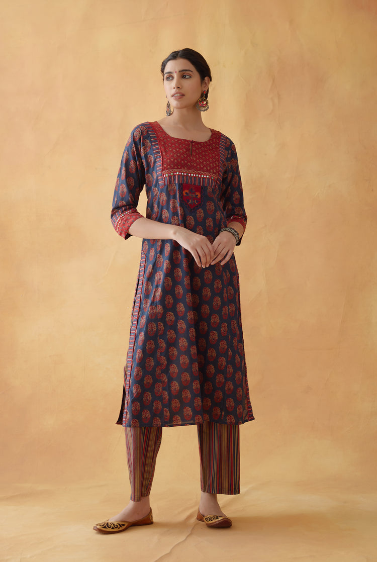 Yoke Kurta Blue Rust (8810268721451)