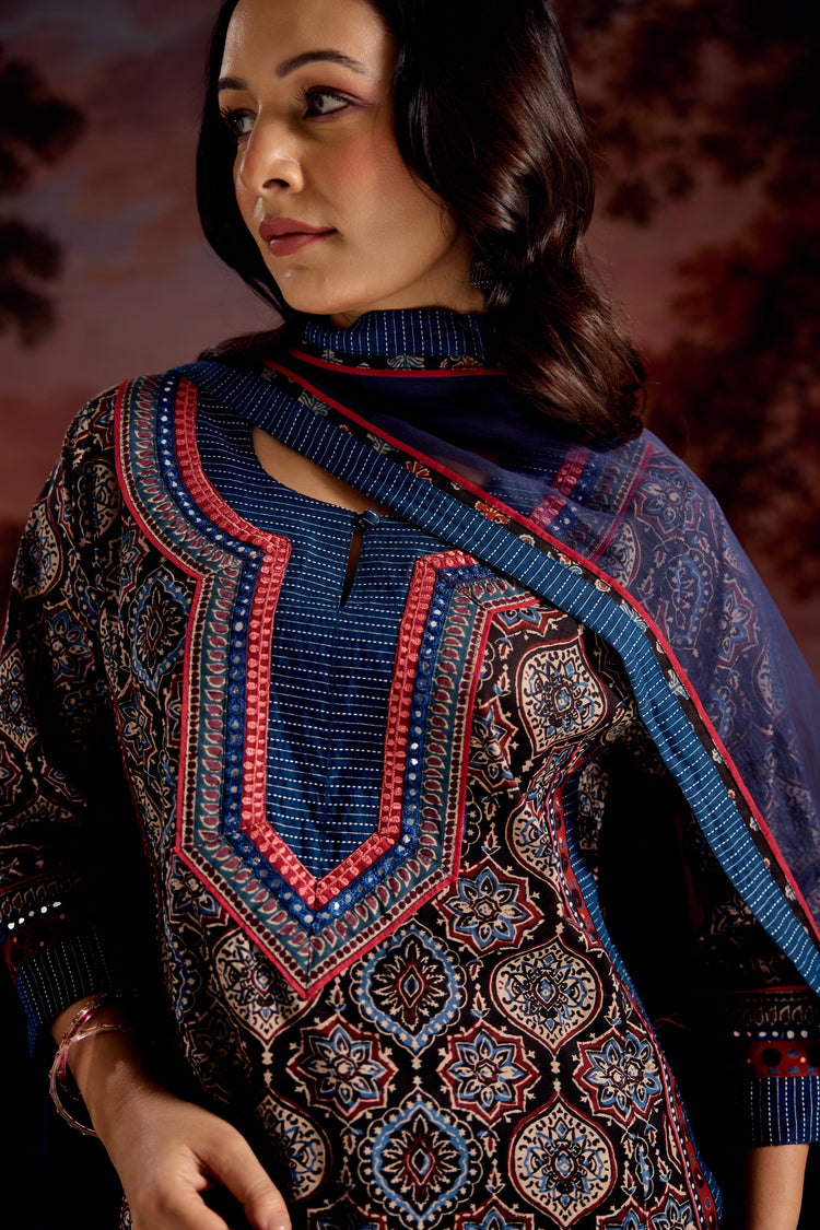 Anu Cotton Printed Kurta Black Blue (Set Of 3)