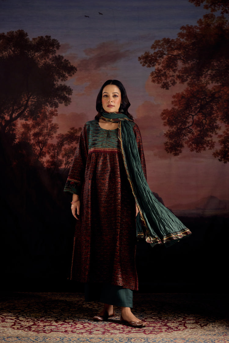 Banjara Chanderi Vanaspati Printed Kurta Rust Green (Set Of 3)