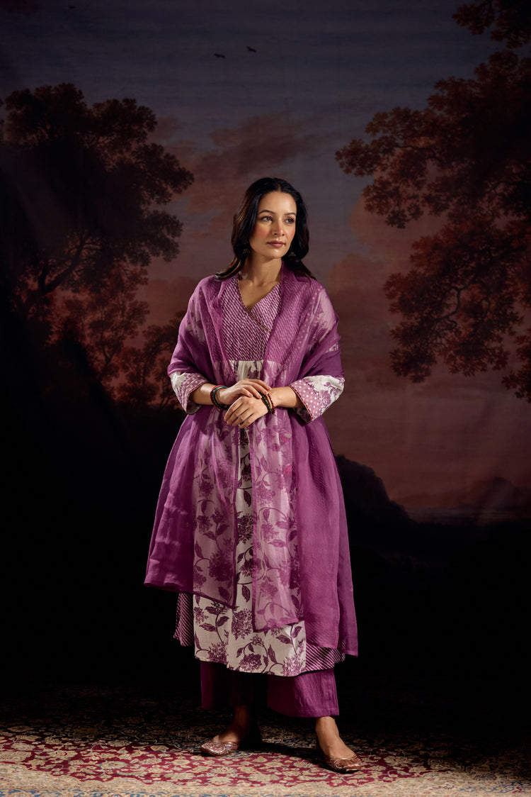 Meera Cotton Printed Kurta White Mauve (Set Of 3)