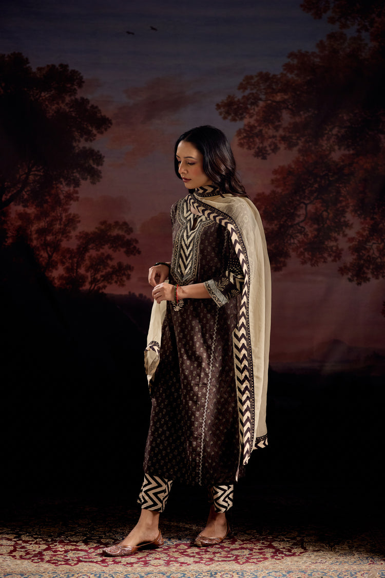 Rozana Cotton Printed Kurta Dark Grey (Set Of 2)