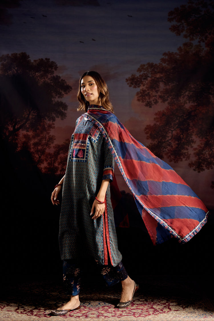 Rozana Assam Silk Vanaspati Printed Kurta Teal (Set Of 3)