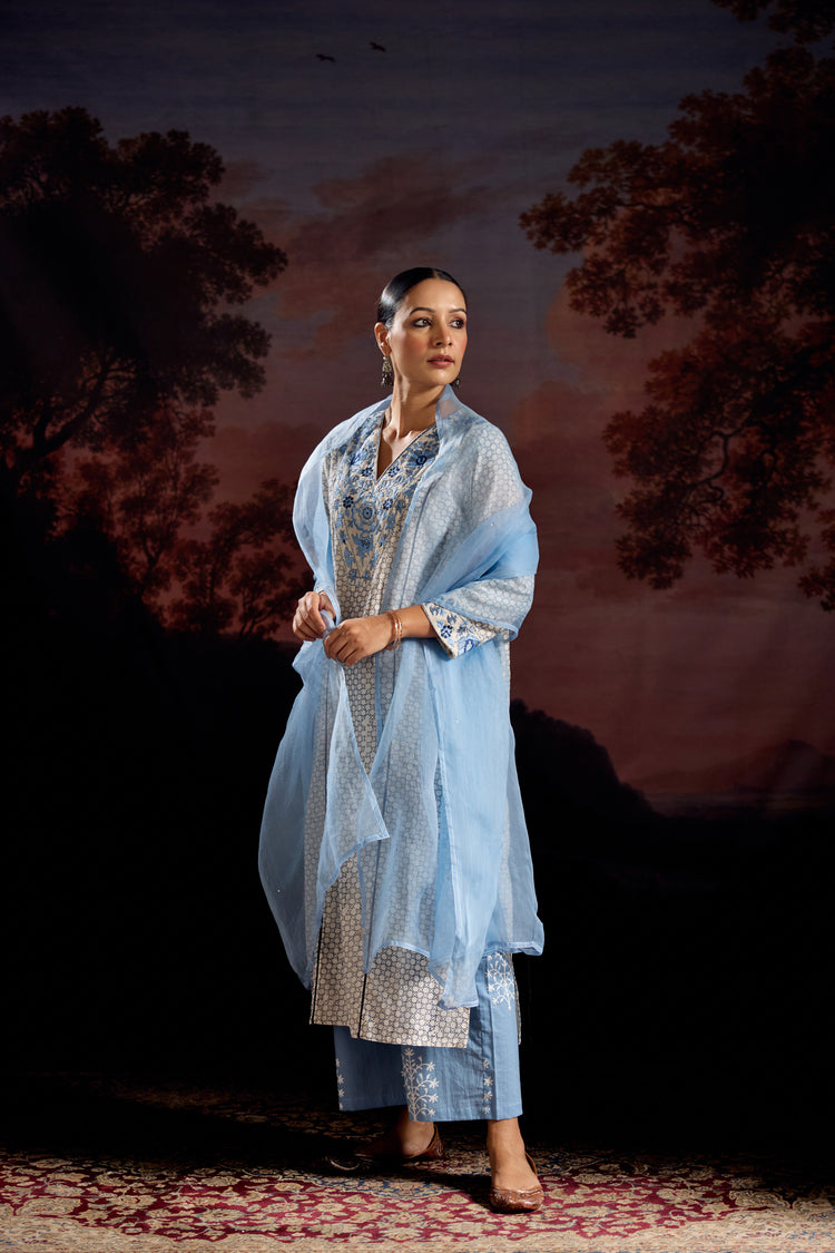 Daisy Cotton Printed Embroidered Kurta White Blue (Set Of 2)