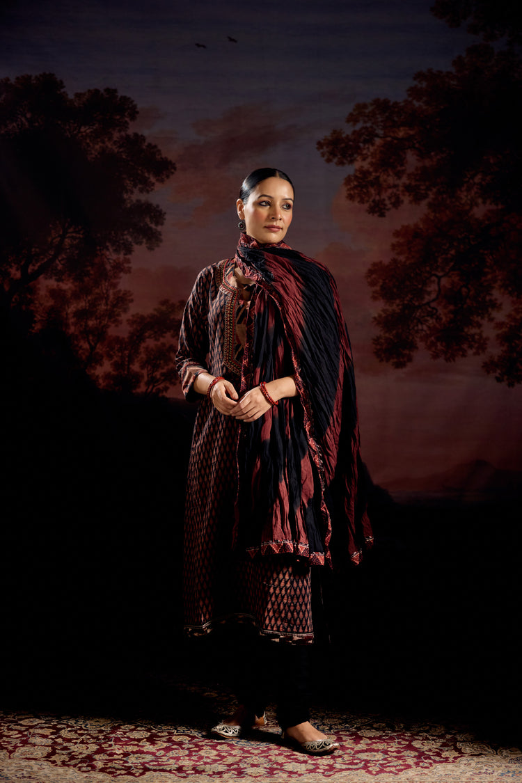 Anu Assam Silk Vanaspati Printed Kurta Black Rust