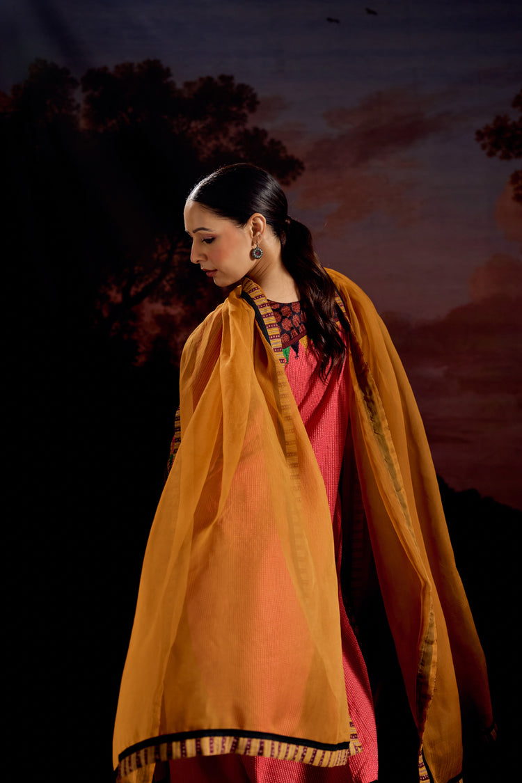 Rozana Cotton Embroidered Kurta Red (Set Of 3)