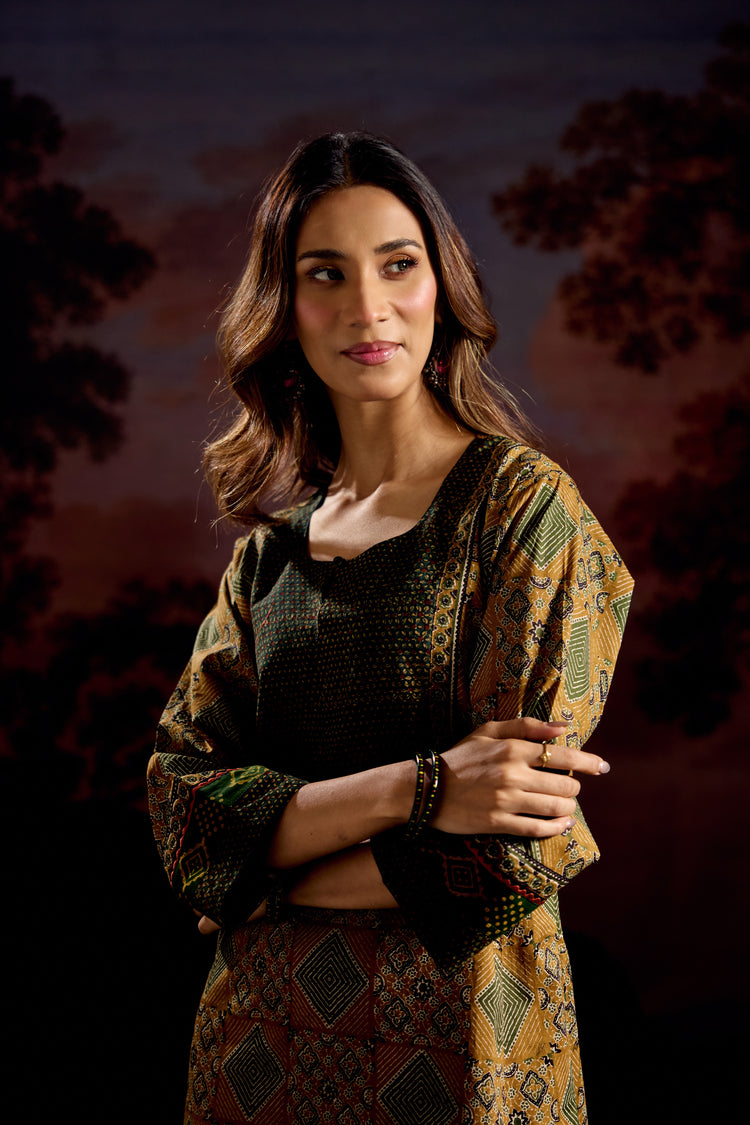 Rozana Cotton Printed Caftan Ochre/Green