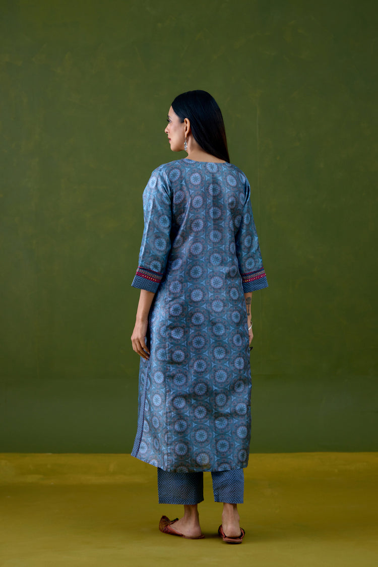 Rozana Tussar Silk Printed Kurta Teal Blue