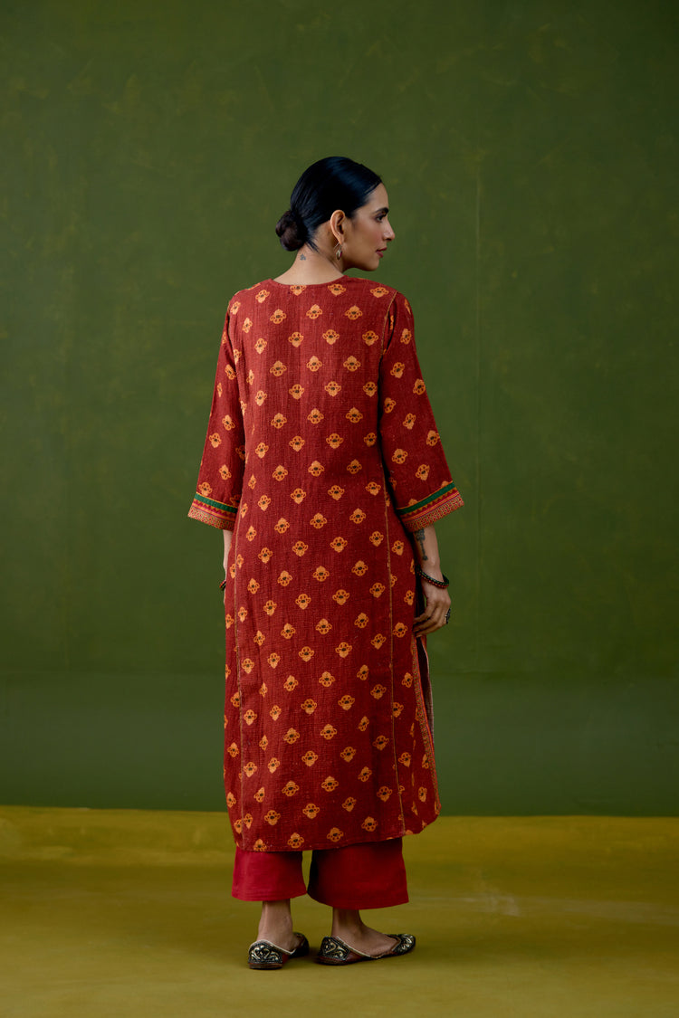 Rozana Thick Cotton Printed Kurta Red Orange