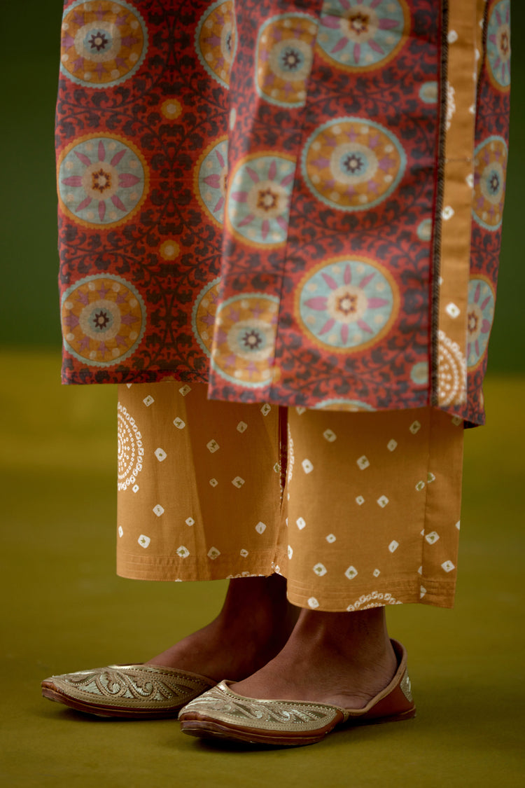 Rozana Linen Printed Kurta Peach Mustard