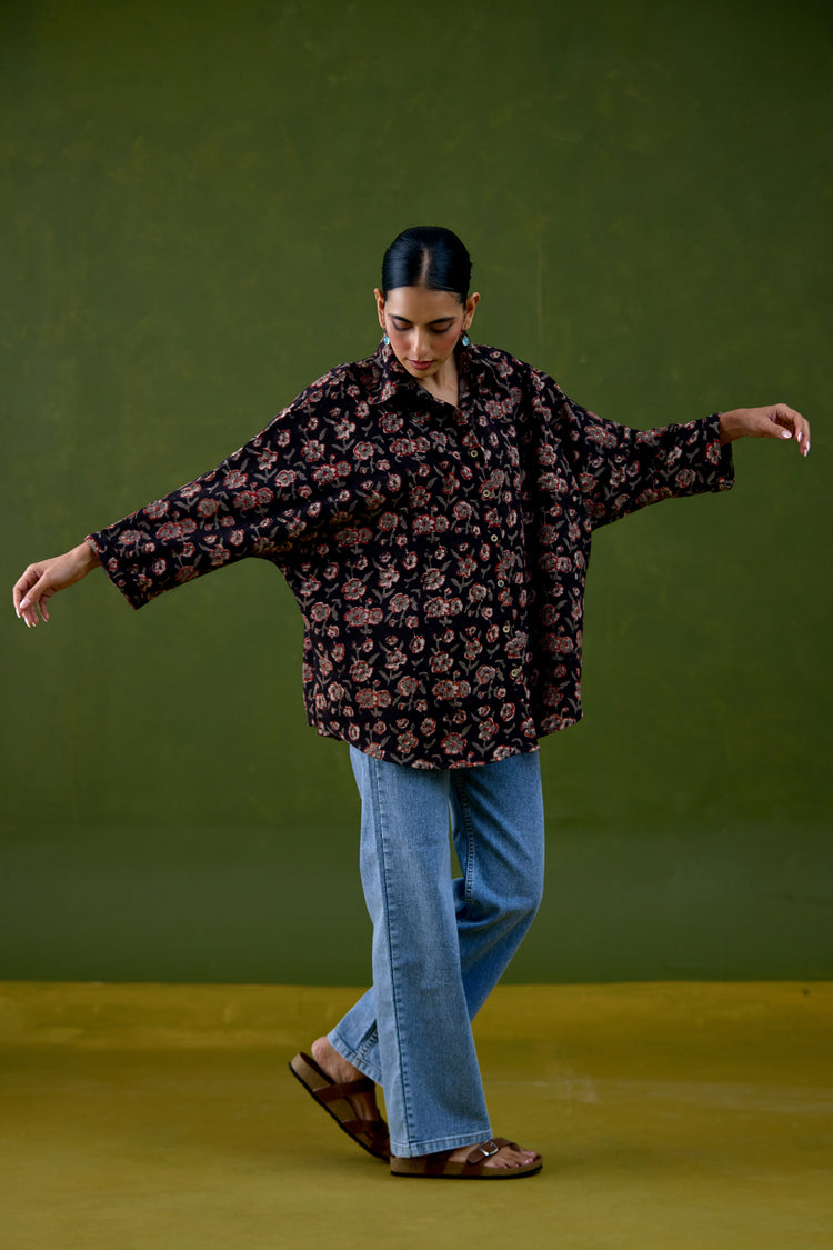 Anya Thick Cotton Printed Shirt Black