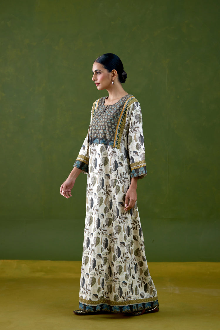 Rozana Cotton Slub Printed Caftan Off White Grey