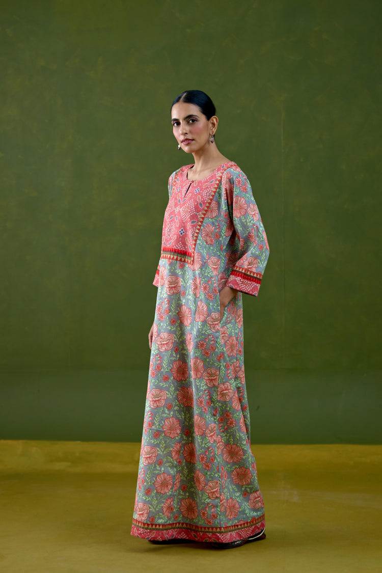 Rozana Cotton Slub Printed Caftan Grey Peach