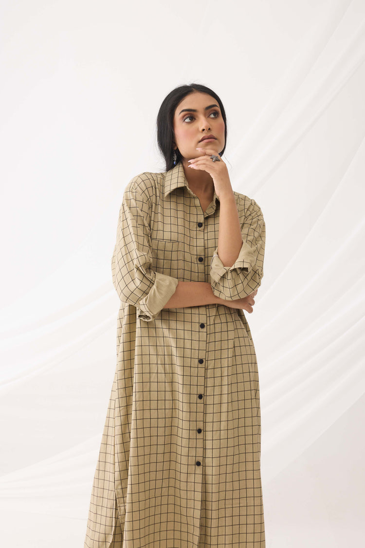 Ava Long Shirt Beige Check (9964448055595)