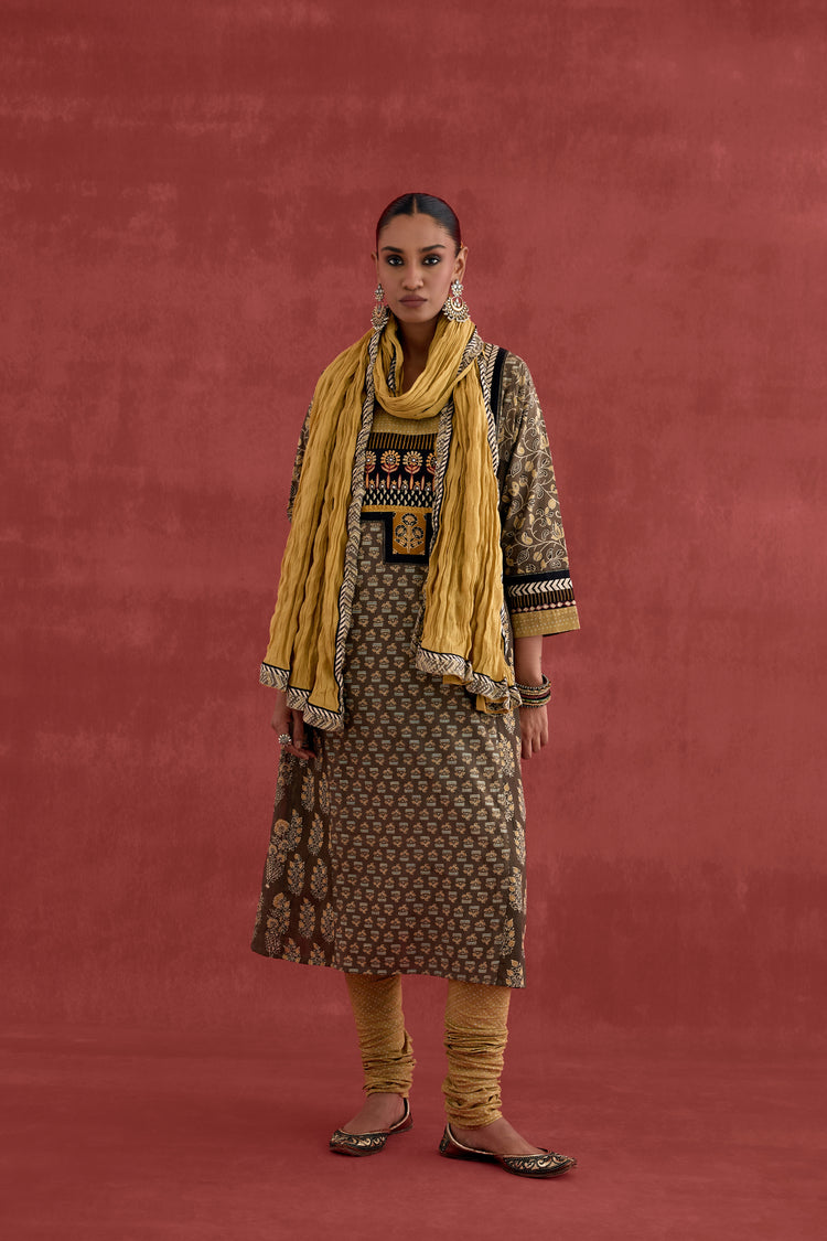 Adya Cotton Ajrakh Block Printed Kurta Grey Ochre (10039425007915)