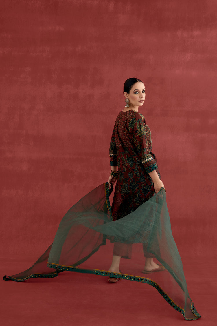 Elina Chanderi Vanaspati Block Printed Kurta Rust Green (10040336875819)