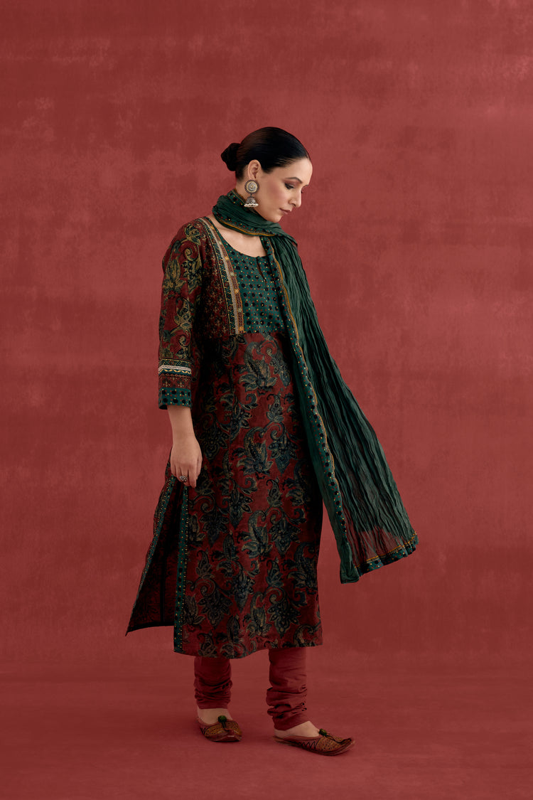 Elina Chanderi Vanaspati Block Printed Kurta Rust Green (10040336875819)
