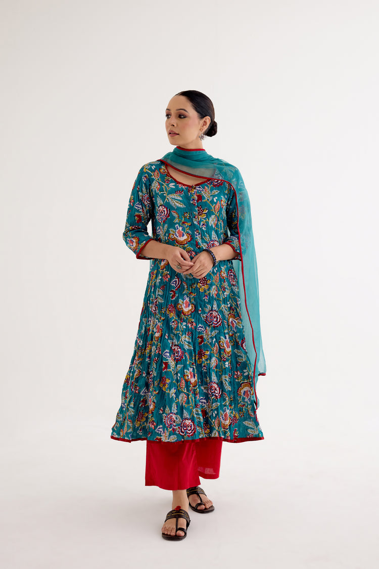 Tropical Block Printed Kurta Sea Green Red (10040145051947)
