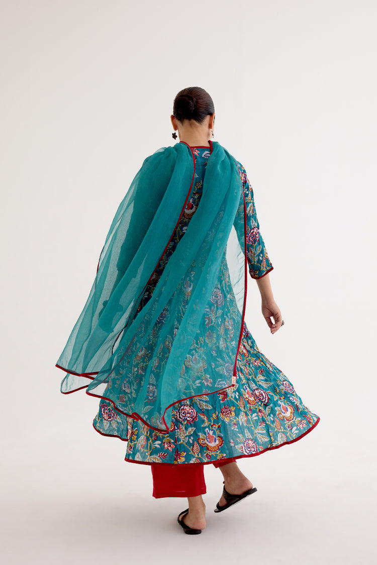 Tropical Block Printed Kurta Sea Green Red (10040145051947)
