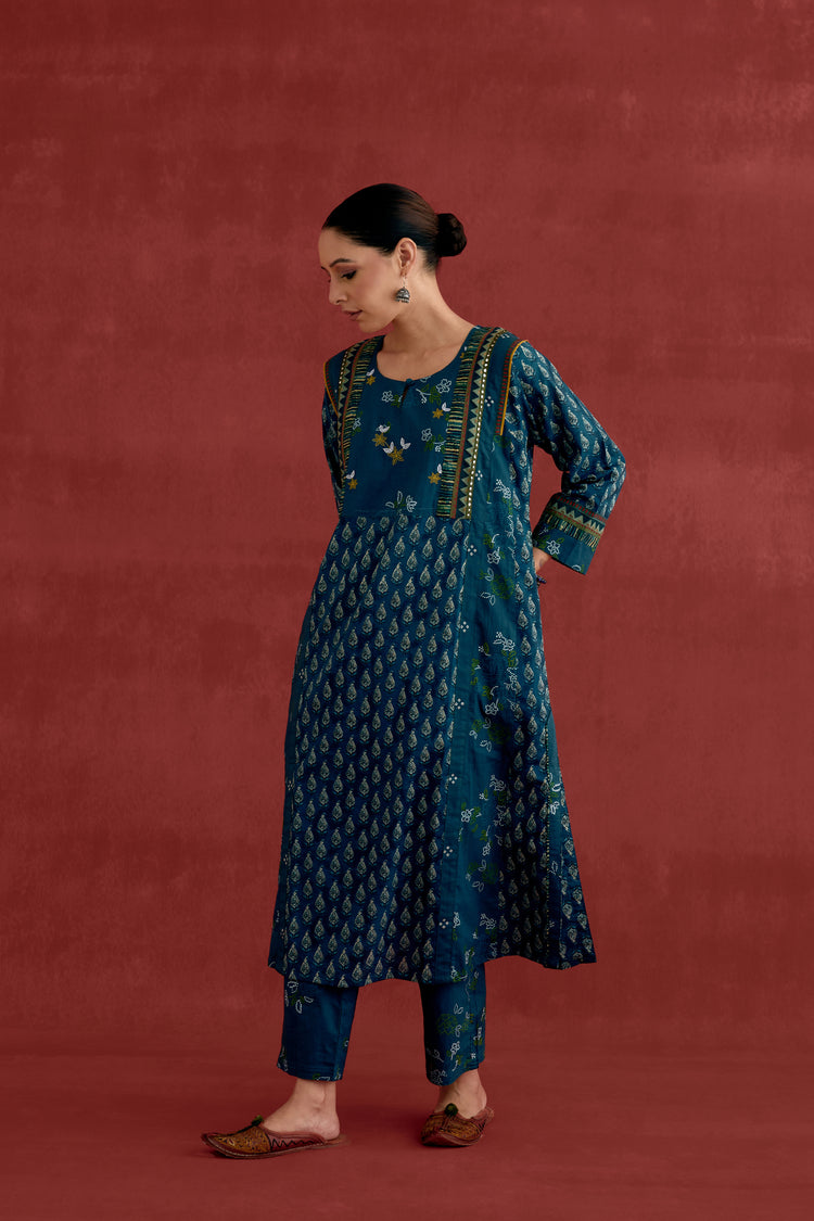 Adya Cotton Printed Kurta Teal Blue (10039627612459)